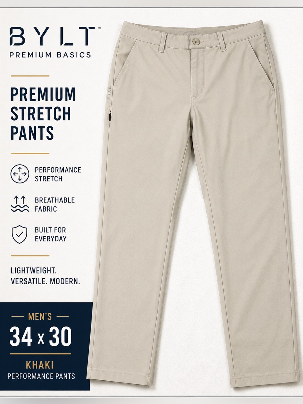BYLT Premium Basics Men’s Size 34 Khaki Performance Stretch Pants